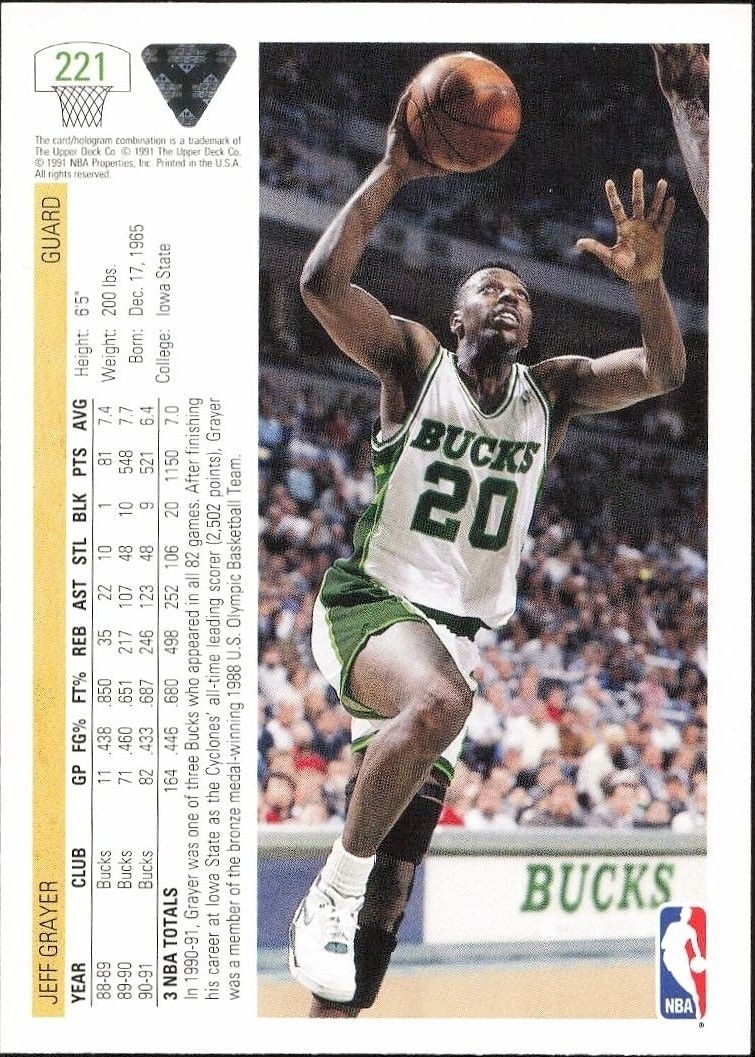1991-92 Upper Deck Jeff Grayer #221 basketball trading card back