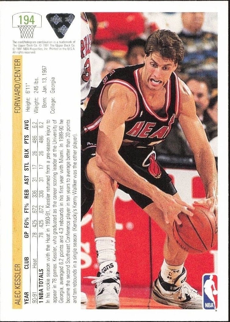 1991-92 Upper Deck Alec Kessler #194 basketball trading card back