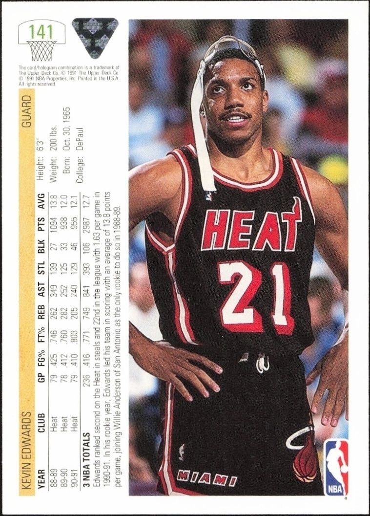 1991-92 Upper Deck Kevin Edwards #141 basketball trading card back