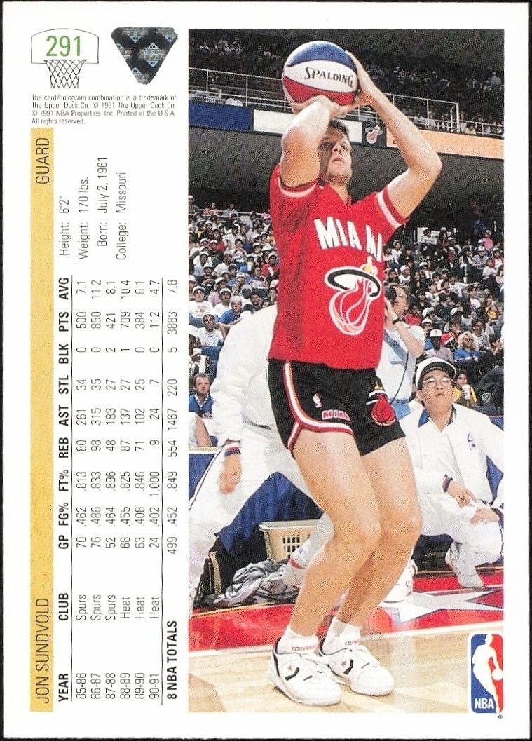 1991-92 Upper Deck Jon Sundvold #291 basketball trading card back
