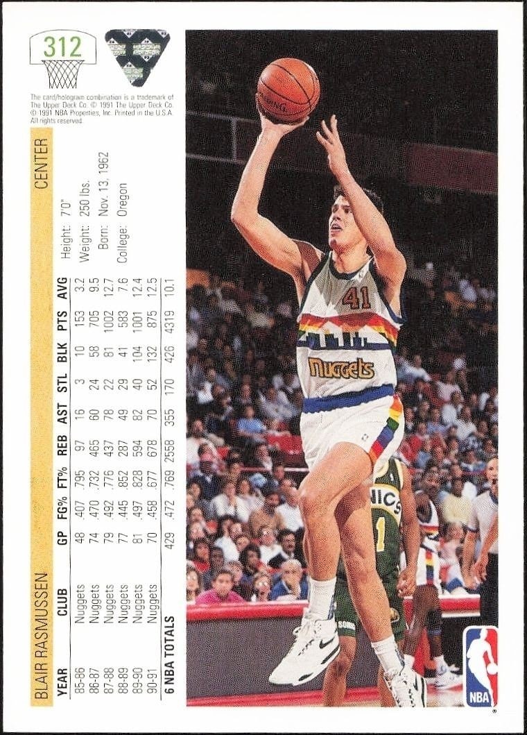 1991-92 Upper Deck Blair Rasmussen #312 basketball trading card back