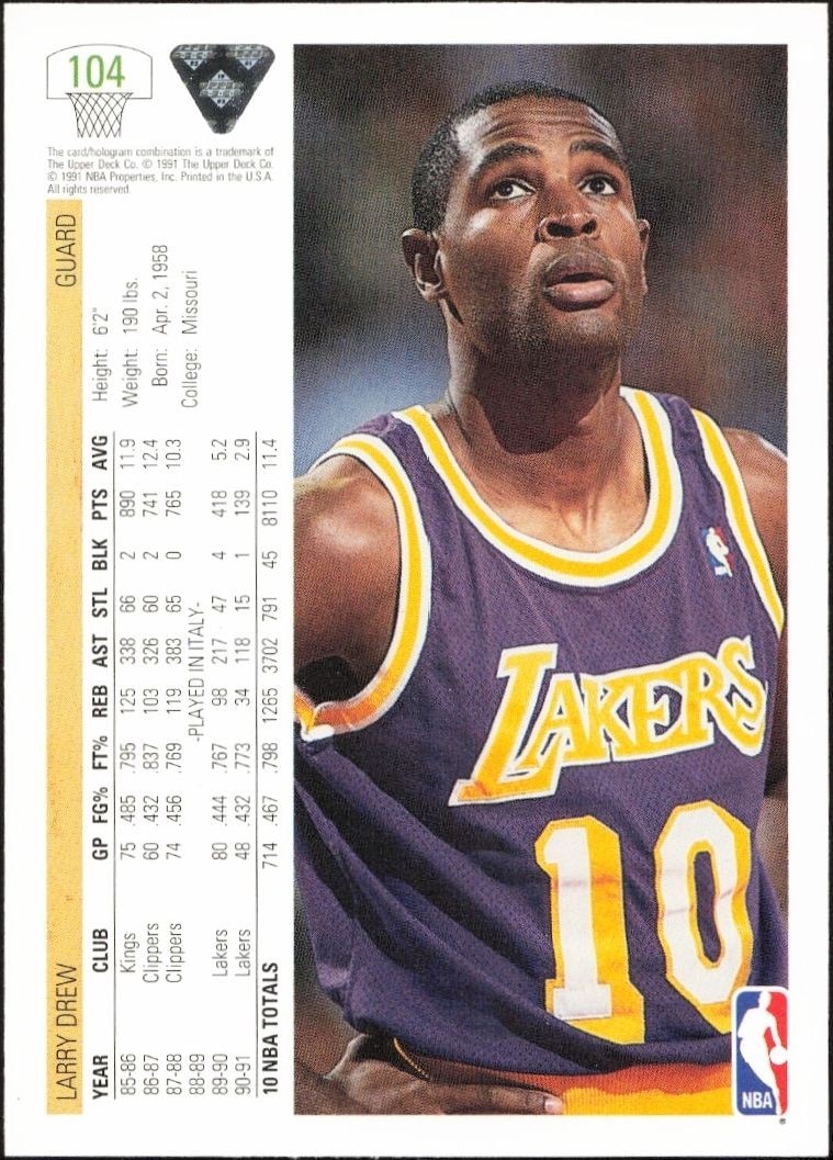 1991-92 Upper Deck Larry Drew #104 basketball trading card back
