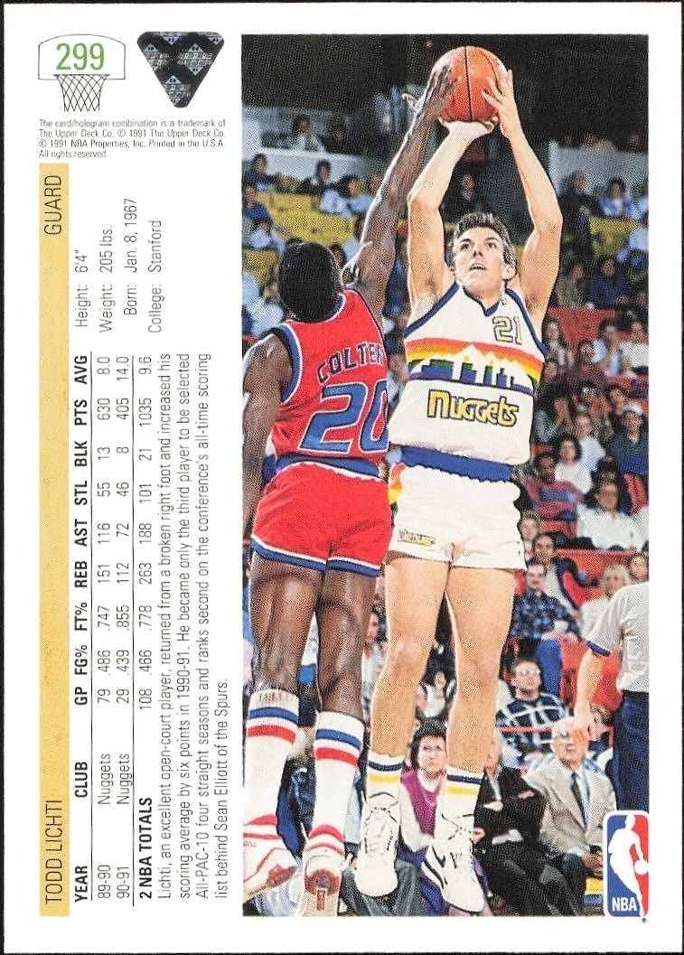 1991-92 Upper Deck Todd Lichti #299 basketball trading card back