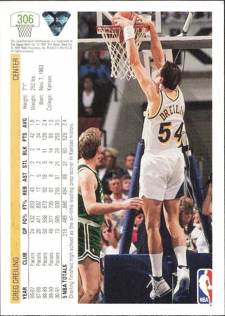 1991-92 Upper Deck Greg Dreiling #306 basketball trading card back