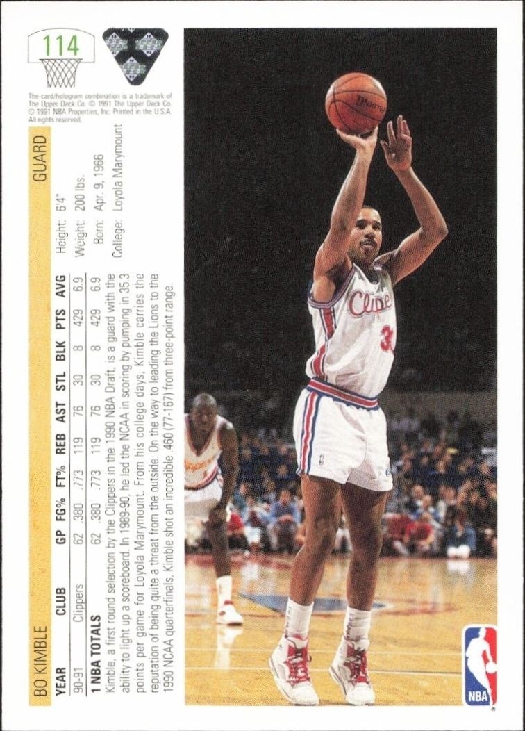 1991-92 Upper Deck Bo Kimble #114 basketball trading card back