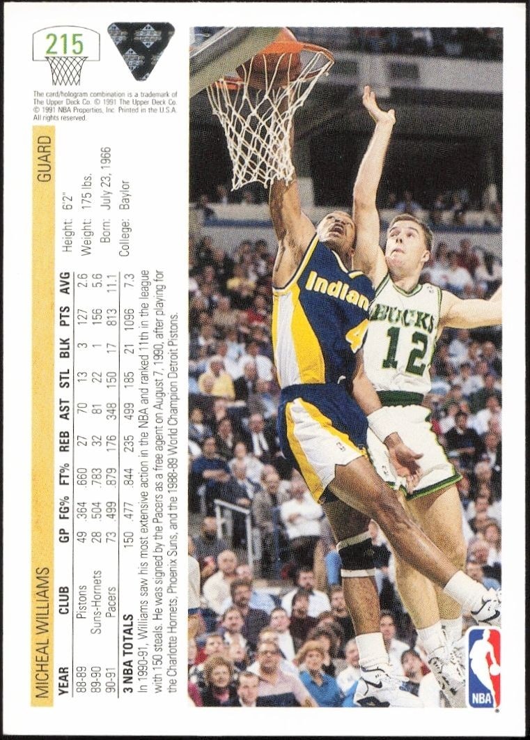 1991-92 Upper Deck Micheal Williams #215 basketball trading card back