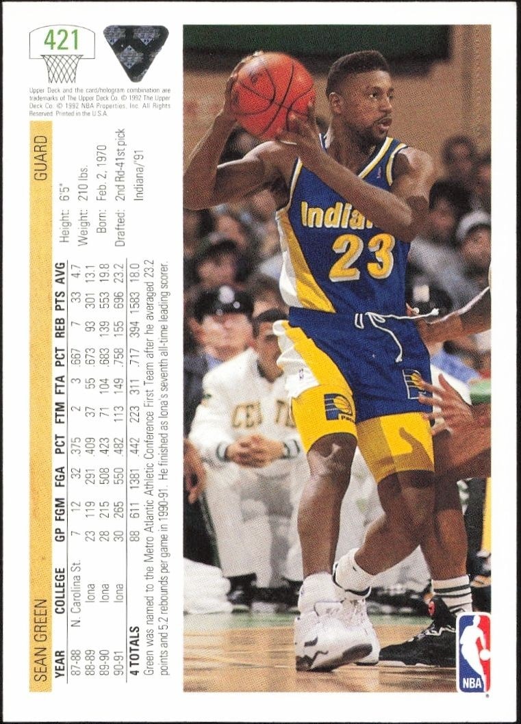 1991-92 Upper Deck Sean Green #421 basketball trading card back