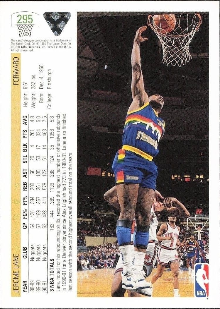 1991-92 Upper Deck Jerome Lane #295 basketball trading card back