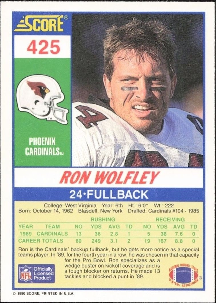 1990 Score Ron Wolfley #425 football trading card back