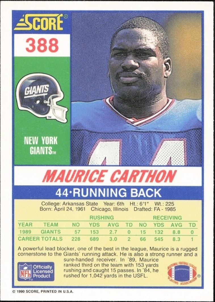 1990 Score Maurice Carthon #388 football trading card back