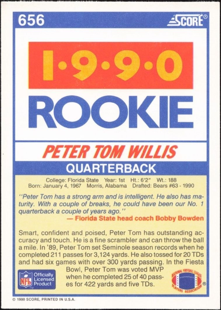 1990 Score Peter Tom Willis #656 football trading card back