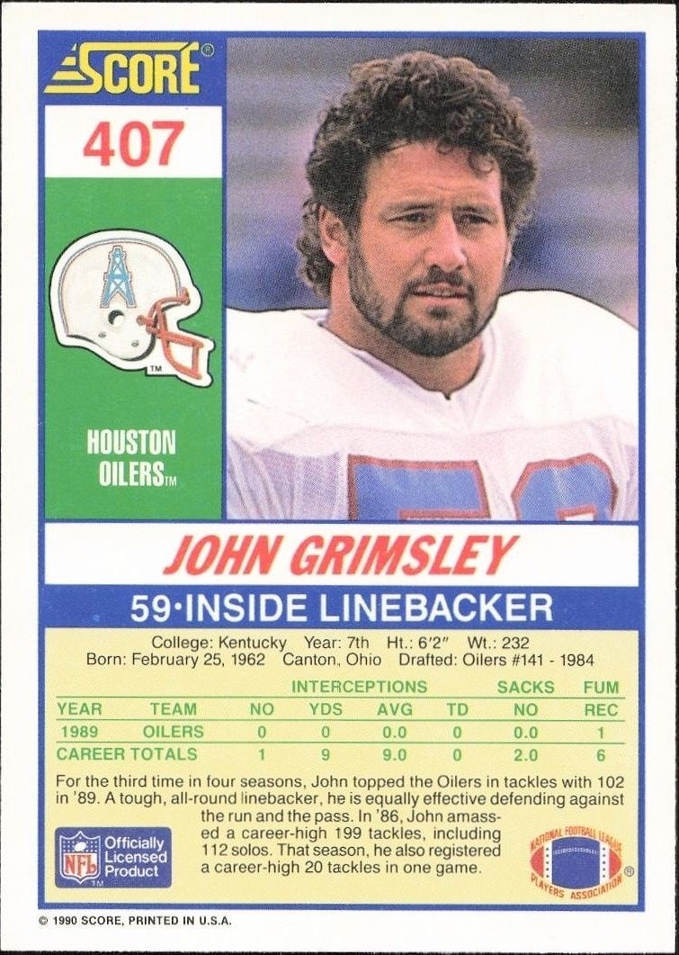 1990 Score John Grimsley #407 football trading card back