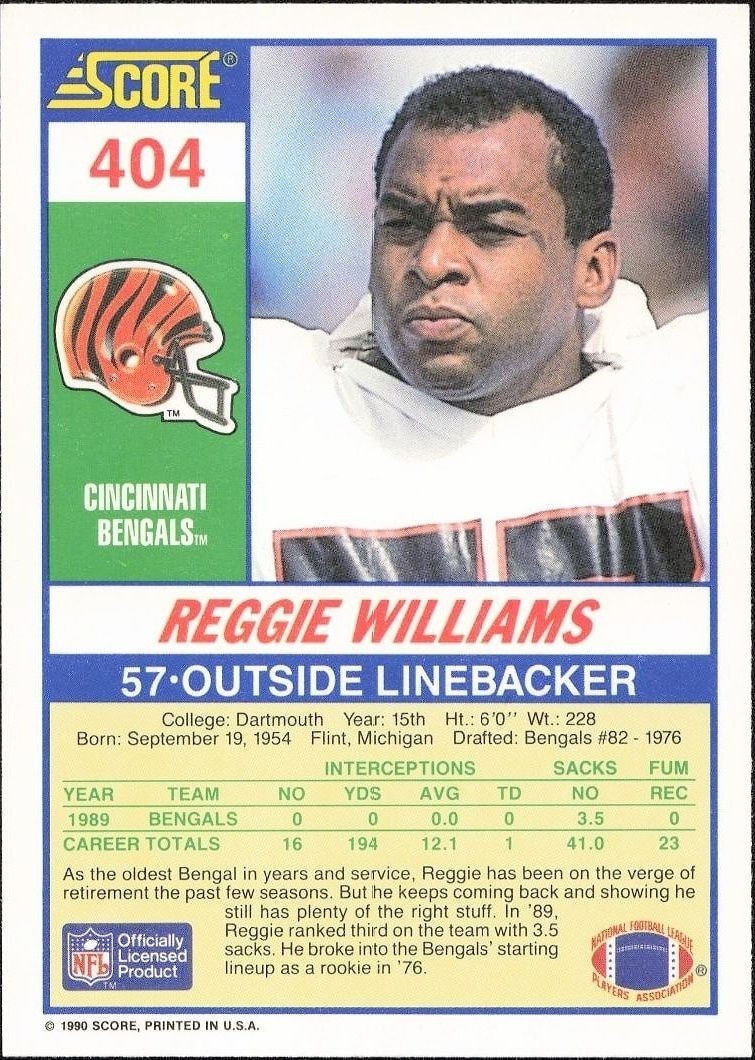1990 Score Reggie Williams #404 football trading card back
