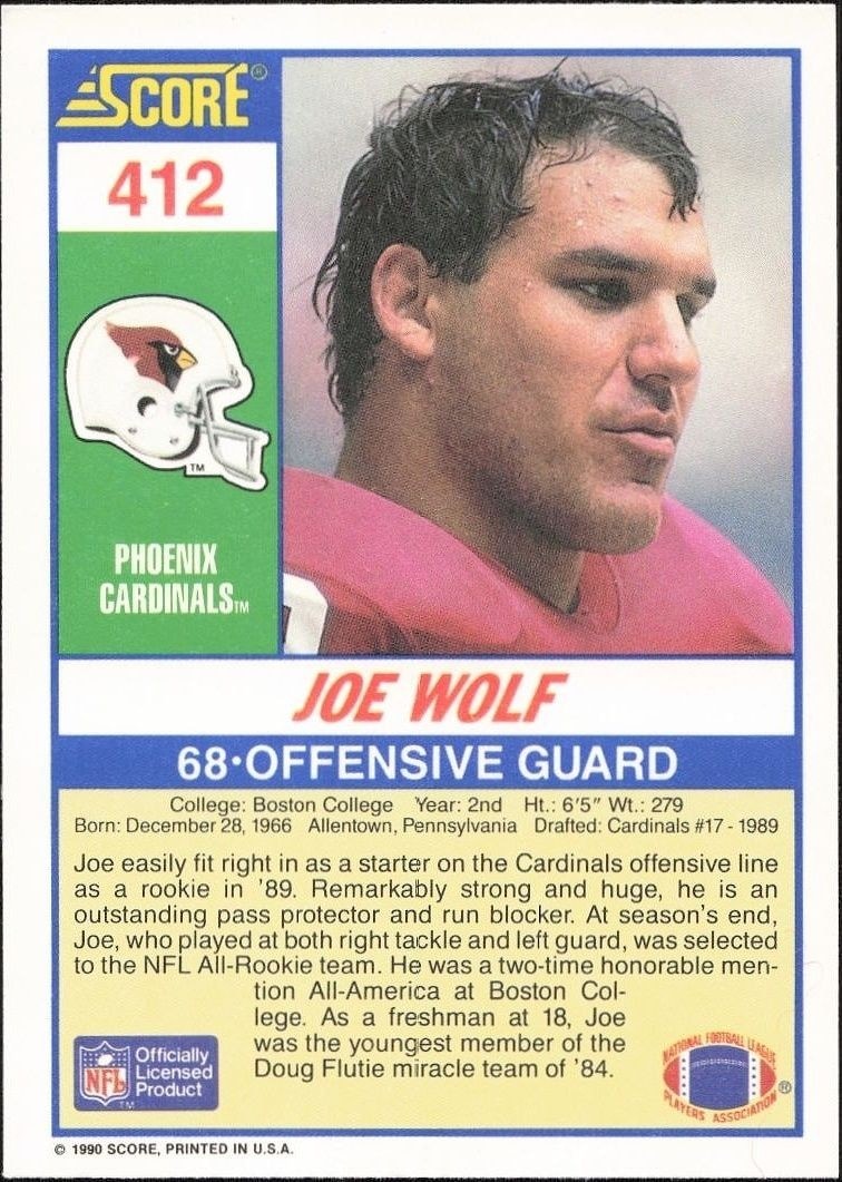 1990 Score Joe Wolf #412 football trading card back