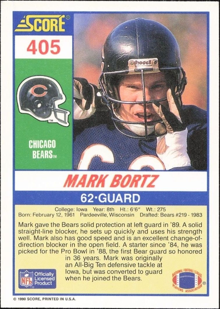 1990 Score Mark Bortz #405 football trading card back