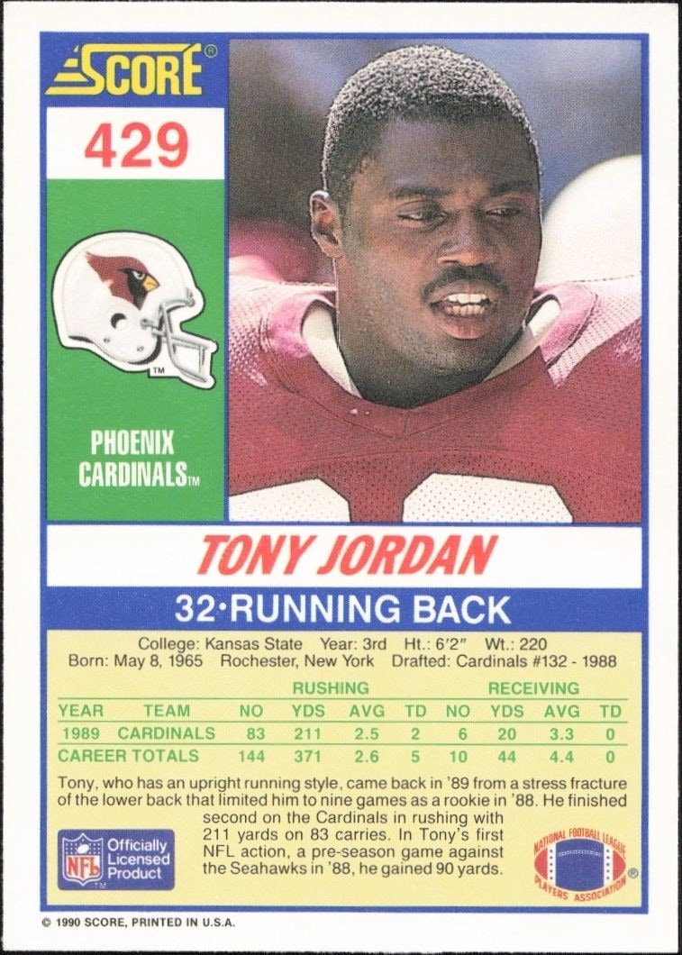 1990 Score Tony Jordan #429 football trading card back