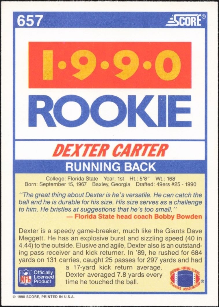 1990 Score Dexter Carter #657 football trading card back