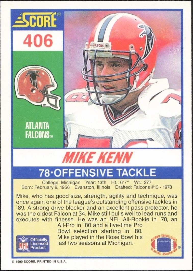 1990 Score Mike Kenn #406 football trading card back