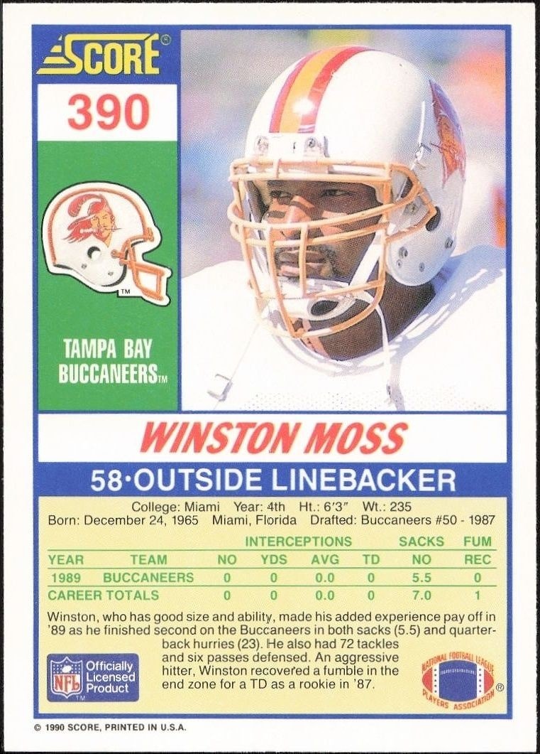 1990 Score Winston Moss #390 football trading card back