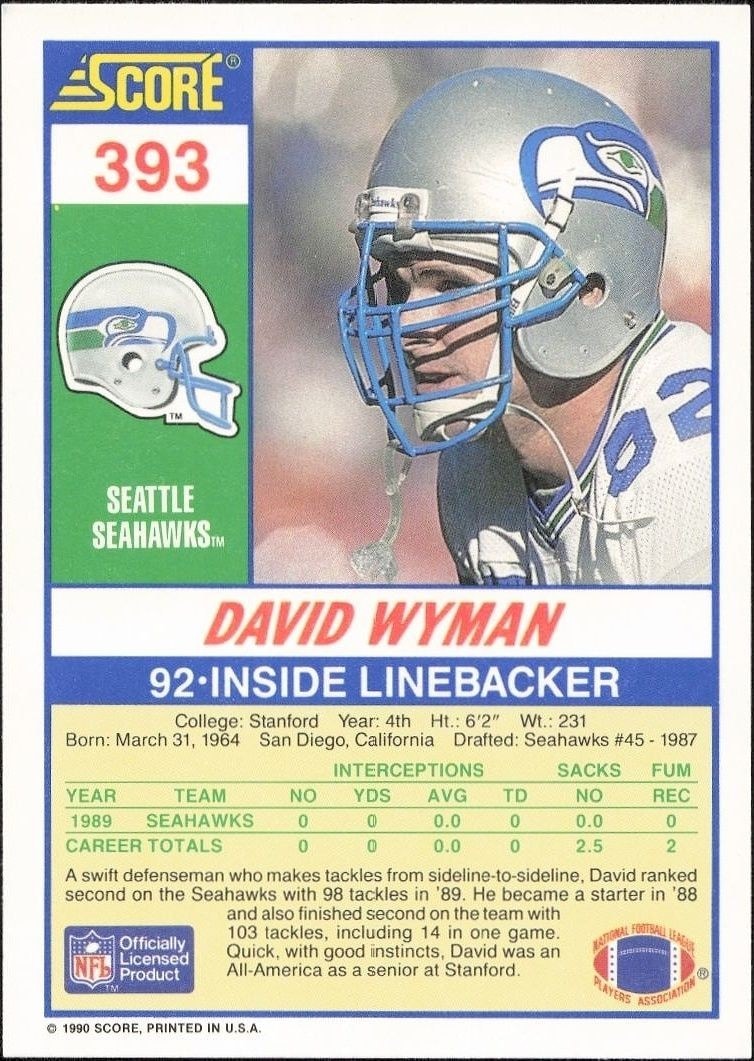 1990 Score David Wyman #393 football trading card back