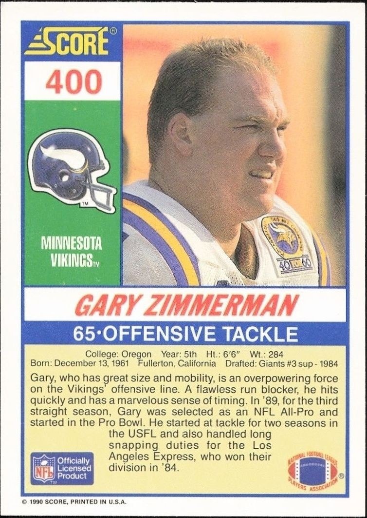 1990 Score Gary Zimmerman #400 football trading card back
