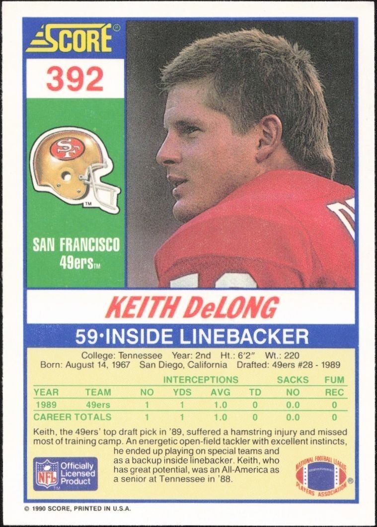 1990 Score Keith DeLong #392 football trading card back