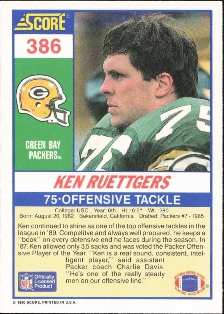 1990 Score Ken Ruettgers #386 football trading card back