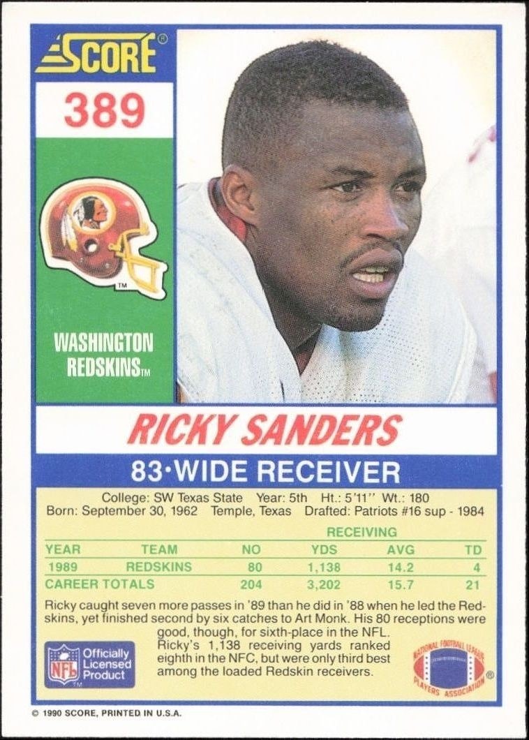 1990 Score Ricky Sanders #389 football trading card back