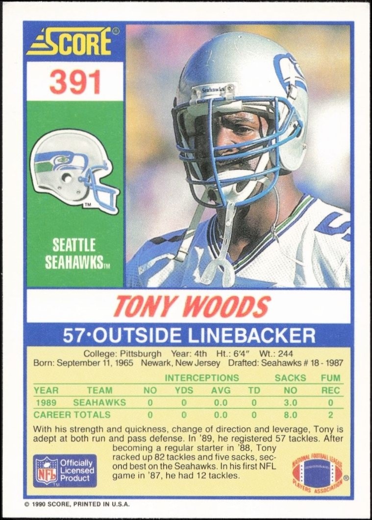 1990 Score Tony Woods #391 football trading card back