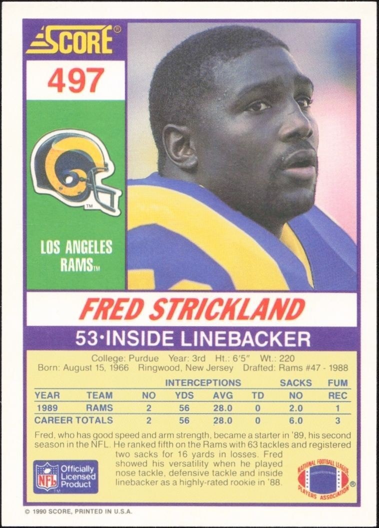 1990 Score Fred Strickland #497 football trading card back