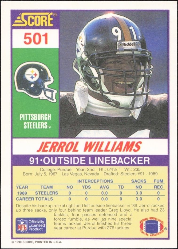 1990 Score Jerrol Williams #501 football trading card back