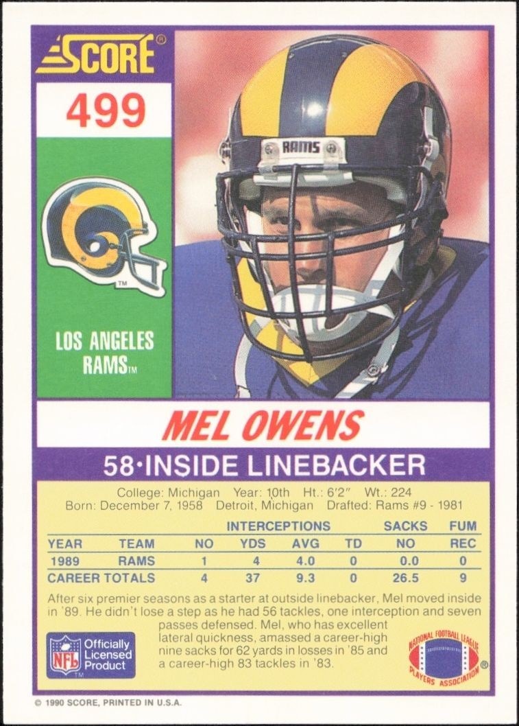 1990 Score Mel Owens #499 football trading card back