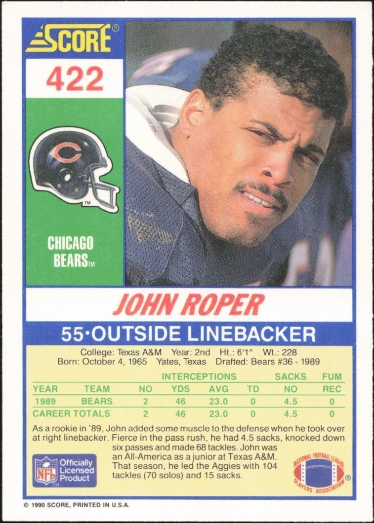 1990 Score John Roper #422 football trading card back