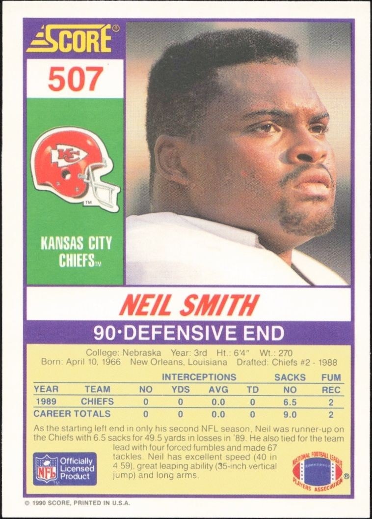 1990 Score Neil Smith #507 football trading card back