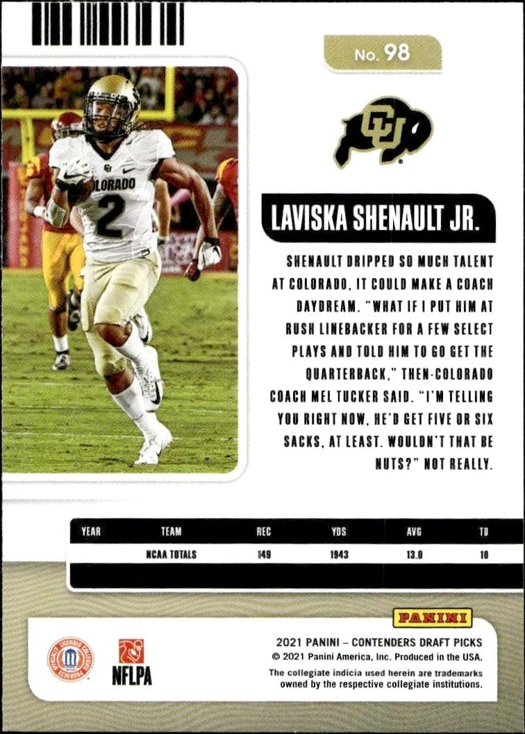 2021 Panini Contenders Draft Picks Laviska Shenault Jr. #98 football trading card back