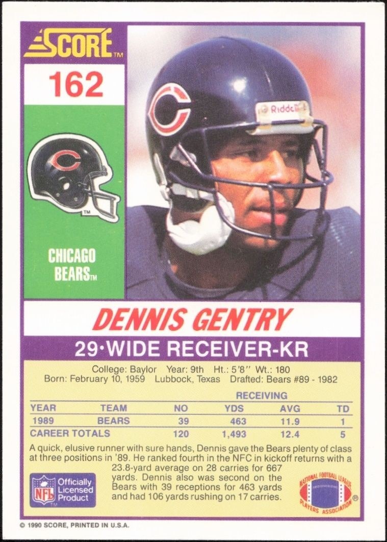 1990 Score Dennis Gentry #162 football trading card back