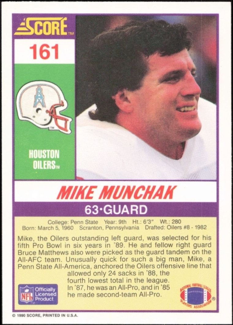 1990 Score Mike Munchak #161 football trading card back