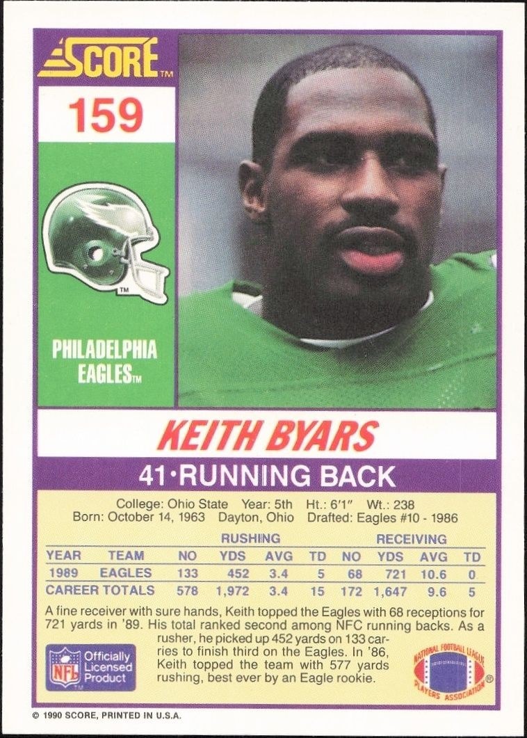 1990 Score Keith Byars #159 football trading card back