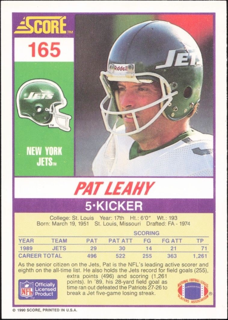 1990 Score Pat Leahy #165 football trading card back
