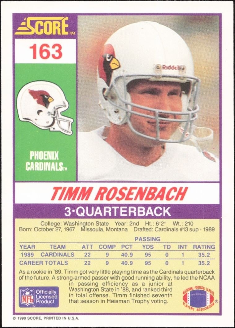 1990 Score Timm Rosenbach #163 football trading card back