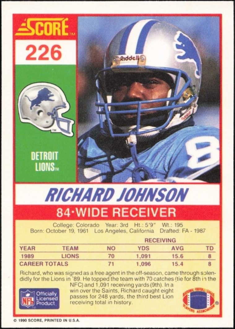 1990 Score Richard Johnson #226 football trading card back