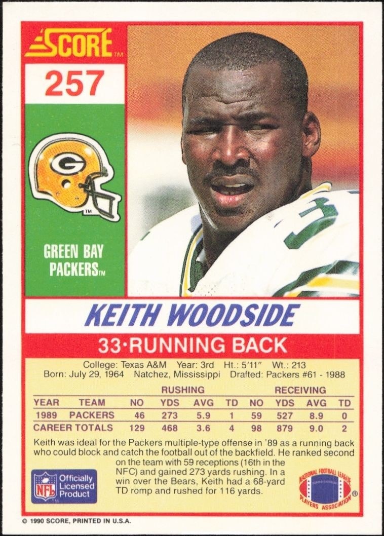 1990 Score Keith Woodside #257 football trading card back