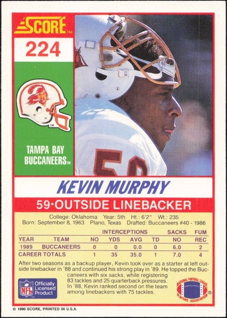 1990 Score Kevin Murphy #224 football trading card back