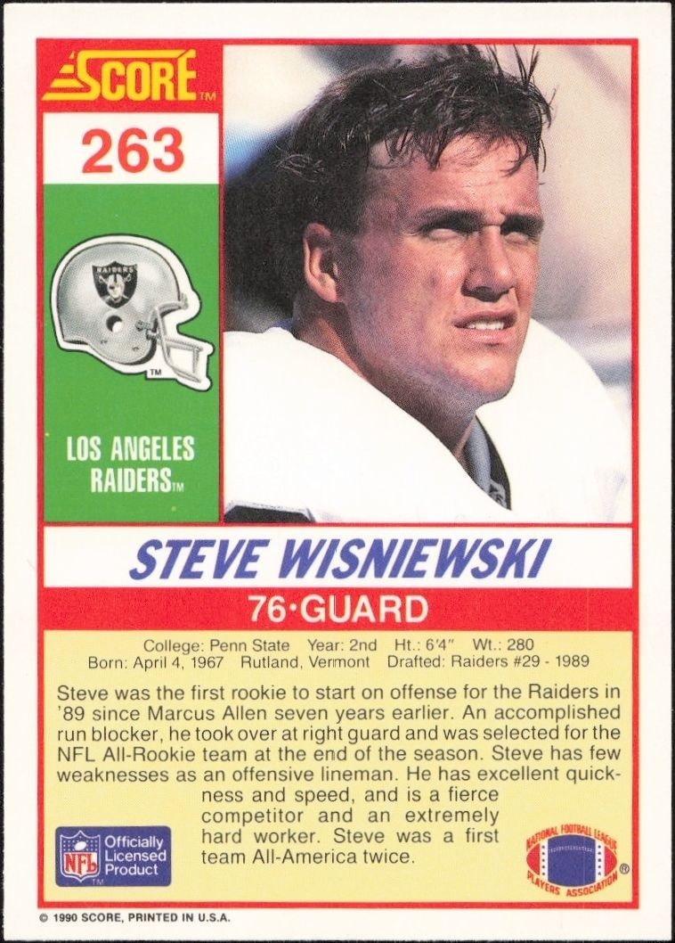 1990 Score Steve Wisniewski #263 football trading card back