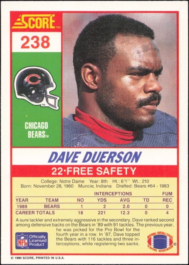 1990 Score Dave Duerson #238 football trading card back