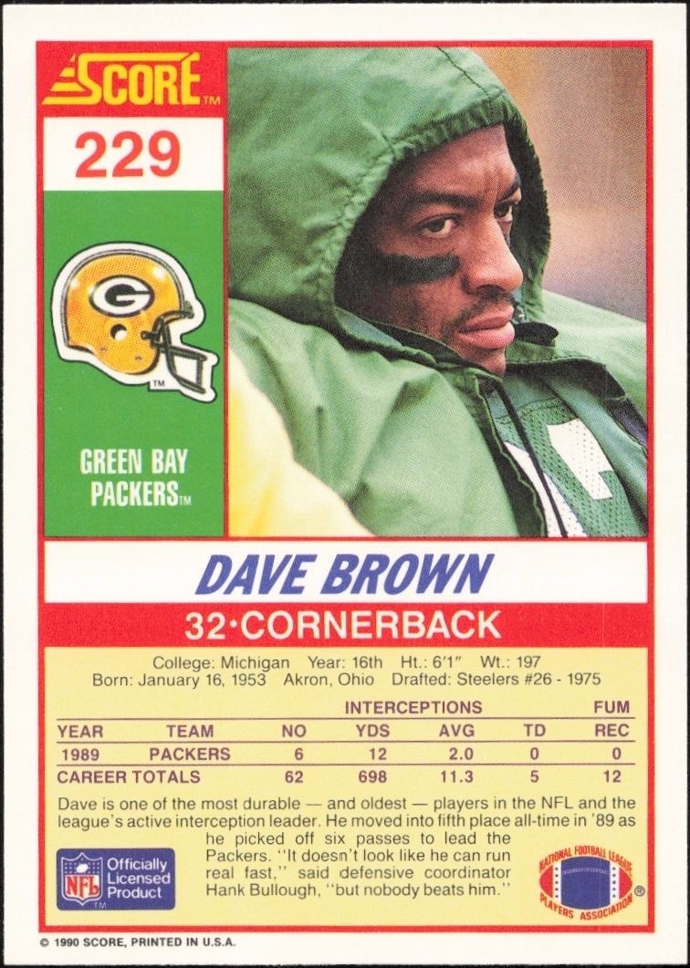 1990 Score Dave Brown #229 football trading card back