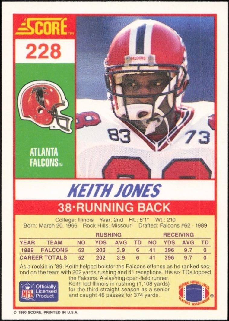 1990 Score Keith Jones #228 football trading card back