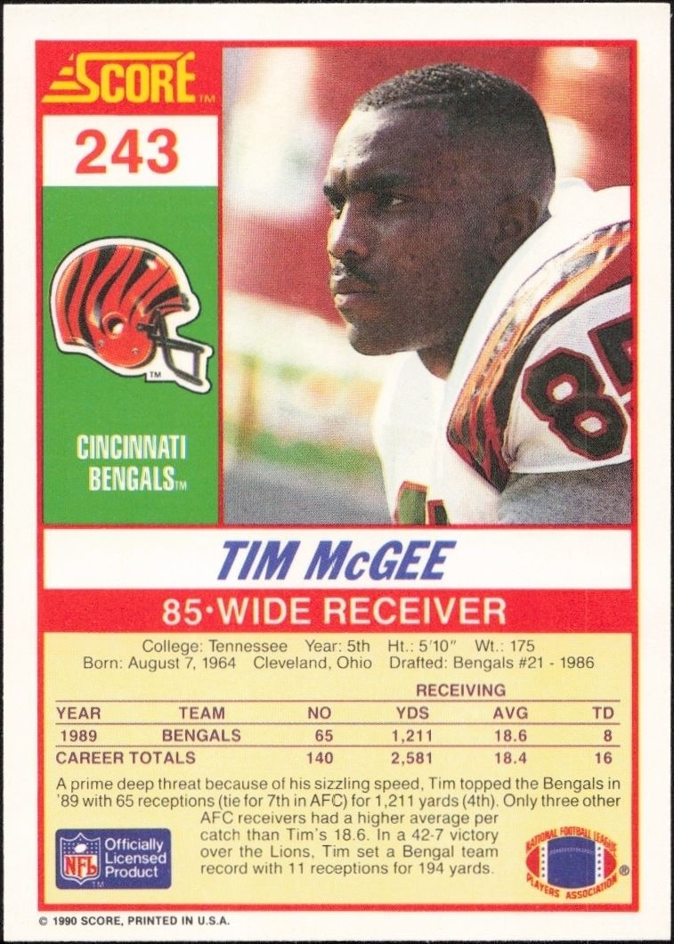 1990 Score Tim McGee #243 football trading card back