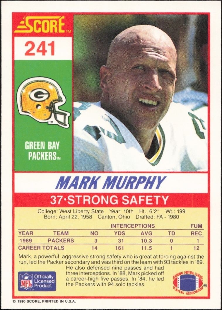 1990 Score Mark Murphy #241 football trading card back