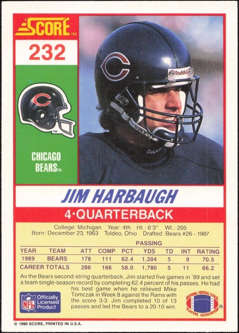 1990 Score Jim Harbaugh #232 football trading card back